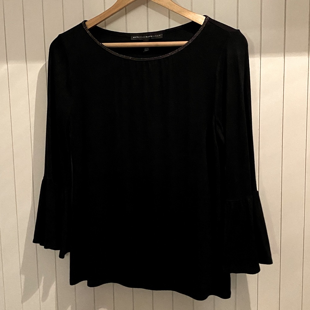 White House Black Market Stretch blouse 3/4 flare sleeve beaded neckline Small